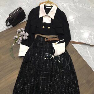 Classy Black White Collar Crop Jacket Tweed Skirt Set 🖤